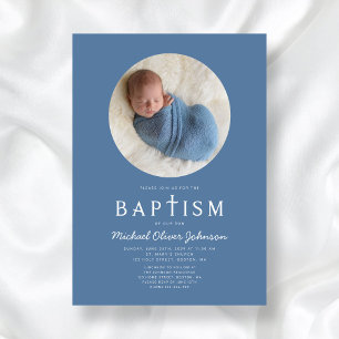 Blaue moderne religiöse Cross Foto Boy Baptism Einladung