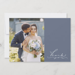 Blaue moderne Schrift Foto Hochzeit Danke Karte