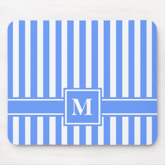 Blaue, moderne Streifen mit Monogramm Mousepad (Vorne)