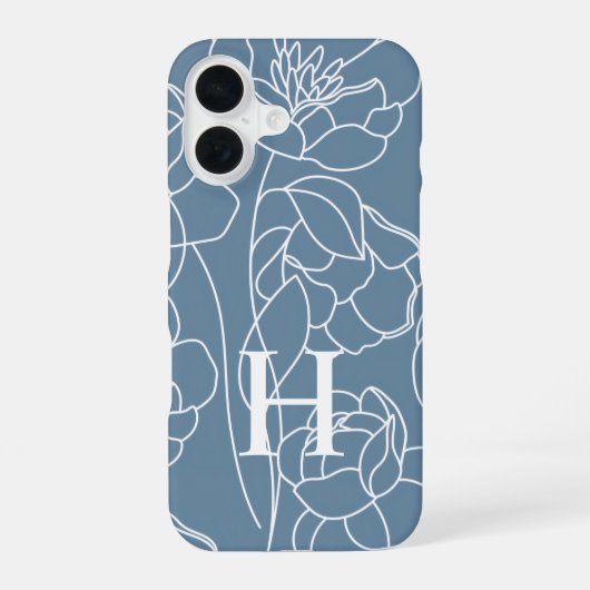 Blaue moderne Wasserfarbe-Wildblumen-Name-Monogram iPhone 16 Hülle (Rückseite)