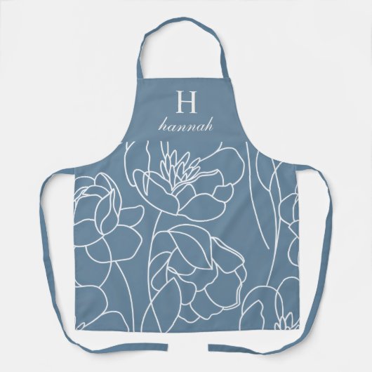 Blaue moderne Wildblumen-Monogramm-Name-Kürze Schürze (Vorderseite)