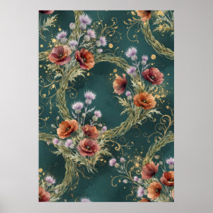 Blaue Mohn-Distel-Blumenkranz Poster