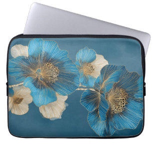 Blaue Mohnblume Botanische Gold-Linienkunst Blumen Laptopschutzhülle