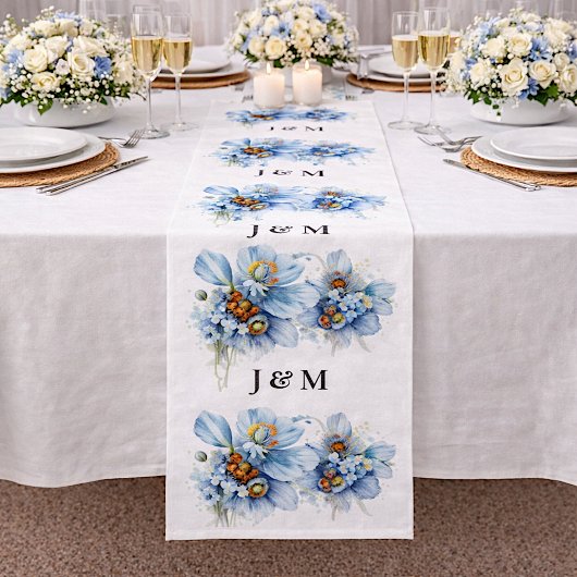 Blaue Mohnblumen-Hochzeitsstoff mit Monogramm Stoff