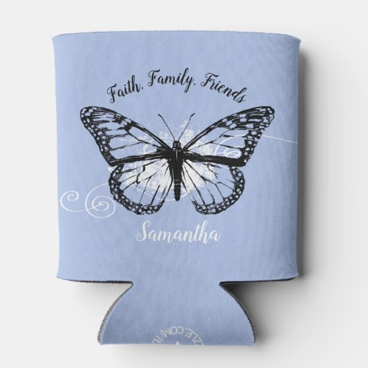 Blaue Monarchschmetterlingsmonogramm Dosenkühler (Rückseite)