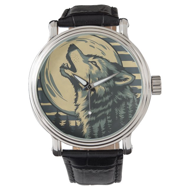 Blaue Mondkunst des heulenden Wolfes Armbanduhr (Vorderseite)