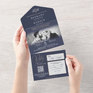 Blaue Monogramm-All-in-One-Hochzeitseinladung All In One Einladung