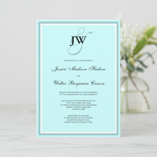 Blaue Monogramm-Einladung Einladung (Stehend Vorderseite)