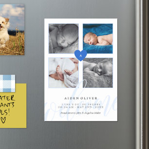 Blaue Monogramm-Fotocollage-Baby-Ankündigung Magneteinladung