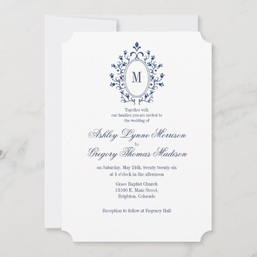blaue Monogramm-Hochzeitseinladung Einladung (Vorderseite)