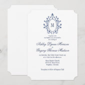 blaue Monogramm-Hochzeitseinladung Einladung (Vorne/Hinten)