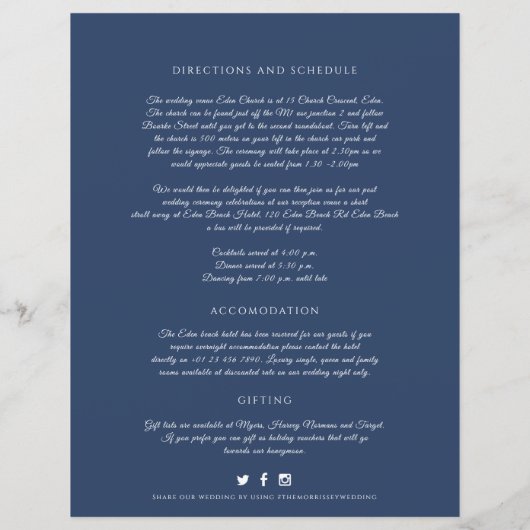 Blaue monogramm-Kranz Hochzeitsgast-Informationen (Rückseite)