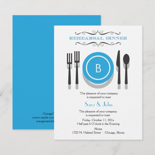 Blaue Monogramm-Proben-Abendessen-Einladung Einladung (Vorne/Hinten)