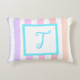 Blaue Monogramm Rosa Lila Aquarellstreifen Dekokissen