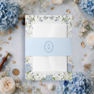 Blaue Monogramm-Wappen-Hochzeitseinladung Bauchbin Einladungsbanderole