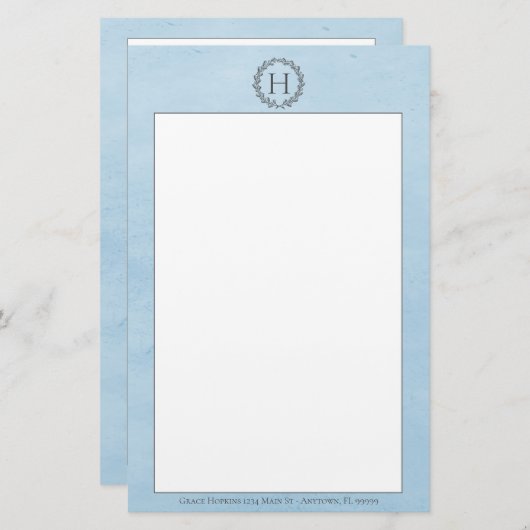 Blaue Monogramm-Wreath-Stationierung Briefpapier (Vorne/Hinten)