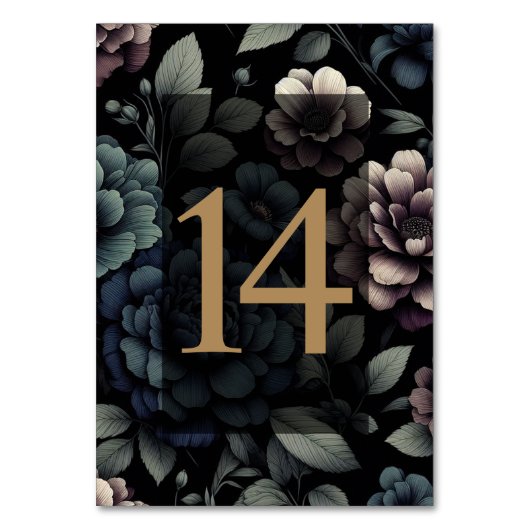 Blaue Moody-Blumenkarte 14 Tischnummer (Vorderseite)