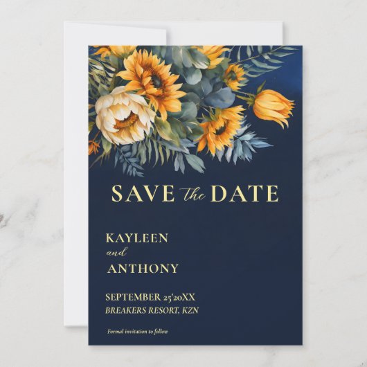 Blaue Moody-Vorlage für rustikale Sonnenblumen Save The Date (Vorderseite)