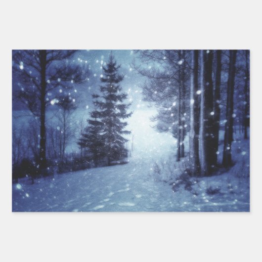 Blaue Moonlit Magische Wälder Winterlandschaft Geschenkpapier Set (Vorderseite 3)