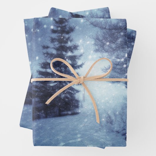 Blaue Moonlit Magische Wälder Winterlandschaft Geschenkpapier Set (Beispiel)