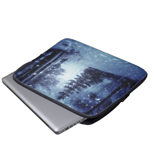 Blaue Moonlit Magische Wälder Winterlandschaft Laptopschutzhülle (Vorne Knopf)