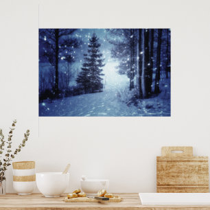 Blaue Moonlit Magische Wälder Winterlandschaft Poster
