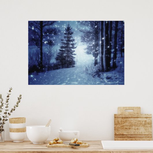 Blaue Moonlit Magische Wälder Winterlandschaft Poster (Küche)