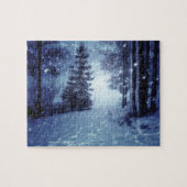 Blaue Moonlit Magische Wälder Winterlandschaft Puzzle (Horizontal)