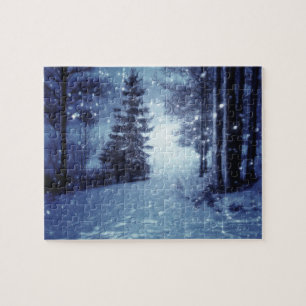 Blaue Moonlit Magische Wälder Winterlandschaft Puzzle