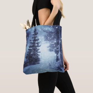 Blaue Moonlit Magische Wälder Winterlandschaft Tasche