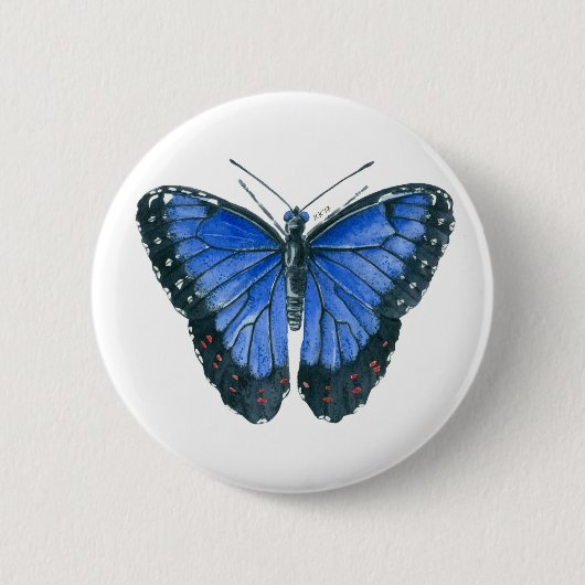 Blaue Morpho-Schmetterling-Aquarellmalerei Button (Vorderseite)