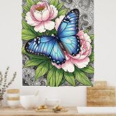  Blaue Morpho-Schmetterling Florale Botanische Kun Poster (Küche)