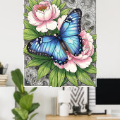  Blaue Morpho-Schmetterling Florale Botanische Kun Poster (Heimbüro)