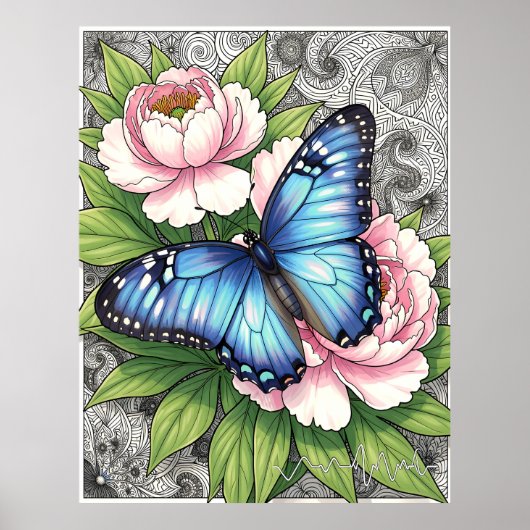  Blaue Morpho-Schmetterling Florale Botanische Kun Poster (Vorne)