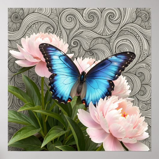 Blaue Morpho-Schmetterling Florale Botanische Kuns Poster (Vorne)