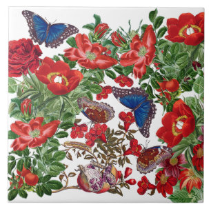 Blaue Morpho-Schmetterlings-Rosen-Pfingstrosen-Blu Fliese