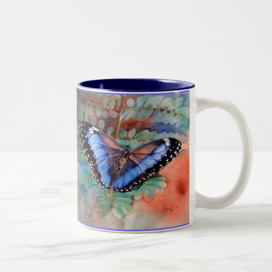 Blaue Morpho Watercolor-Dankbarkeits-Tasse Zweifarbige Tasse (Rechts)