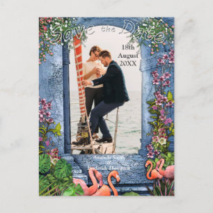 Blaue Murmel & Rosa Flamingos Ankündigungspostkarte