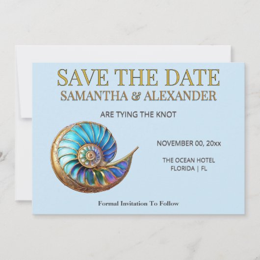 Blaue Muschel Save the Date Hochzeitskarte Einladung (Vorderseite)