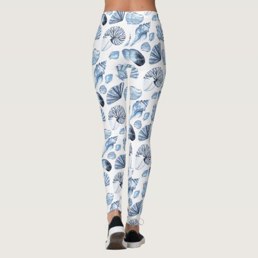 Blaue Muscheln Muster auf Weiß Leggings (Rückseite)