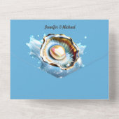 Blaue Muschelperle Austernstrasse Muschel Chic All In One Einladung (Rückseite)