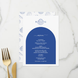 Blaue Muschelschalen Küstenstrand Hochzeit Menükarte