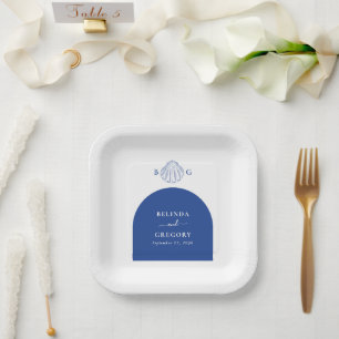 Blaue Muschelschalen Küstenstrand Hochzeit Pappteller