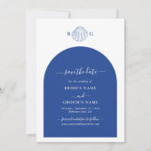 Blaue Muschelschalen Küstenstrand Hochzeit Save The Date (Vorderseite)