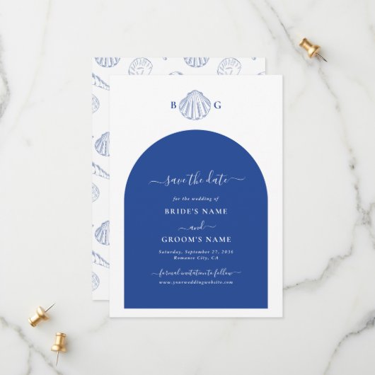 Blaue Muschelschalen Küstenstrand Hochzeit Save The Date (Vorderseite/Rückseite Beispiel)