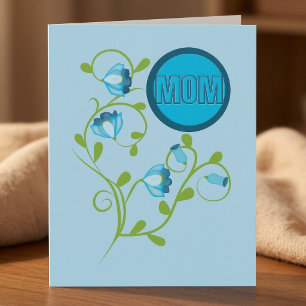 Blaue Muttertags-Postkarte & Blume an der Rebe Karte