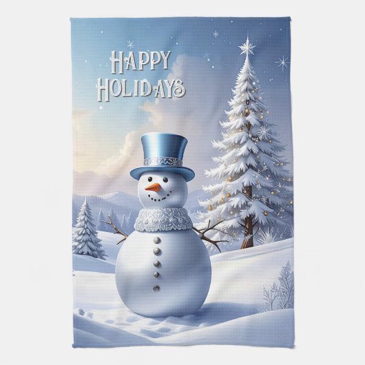 Blaue Mützen Schneemann Weihnachtsbaum Feiertag Geschirrtuch (Vertikal)