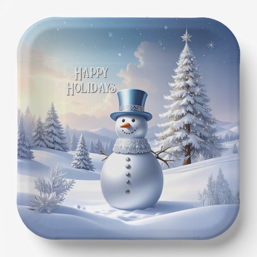 Blaue Mützen-Schneemann-Weihnachtsbaum-Feiertag Pappteller (Vorderseite)