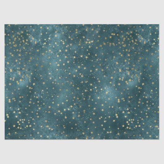 Blaue Nacht - aquamarines Goldsternmuster Seidenpapier (Vorderseite)