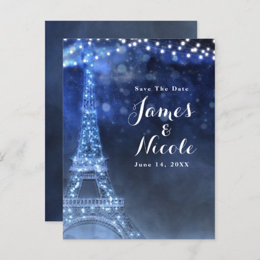 Blaue Nacht im Pariser Eiffelturm Save the Date Ankündigungspostkarte (Vorne/Hinten)